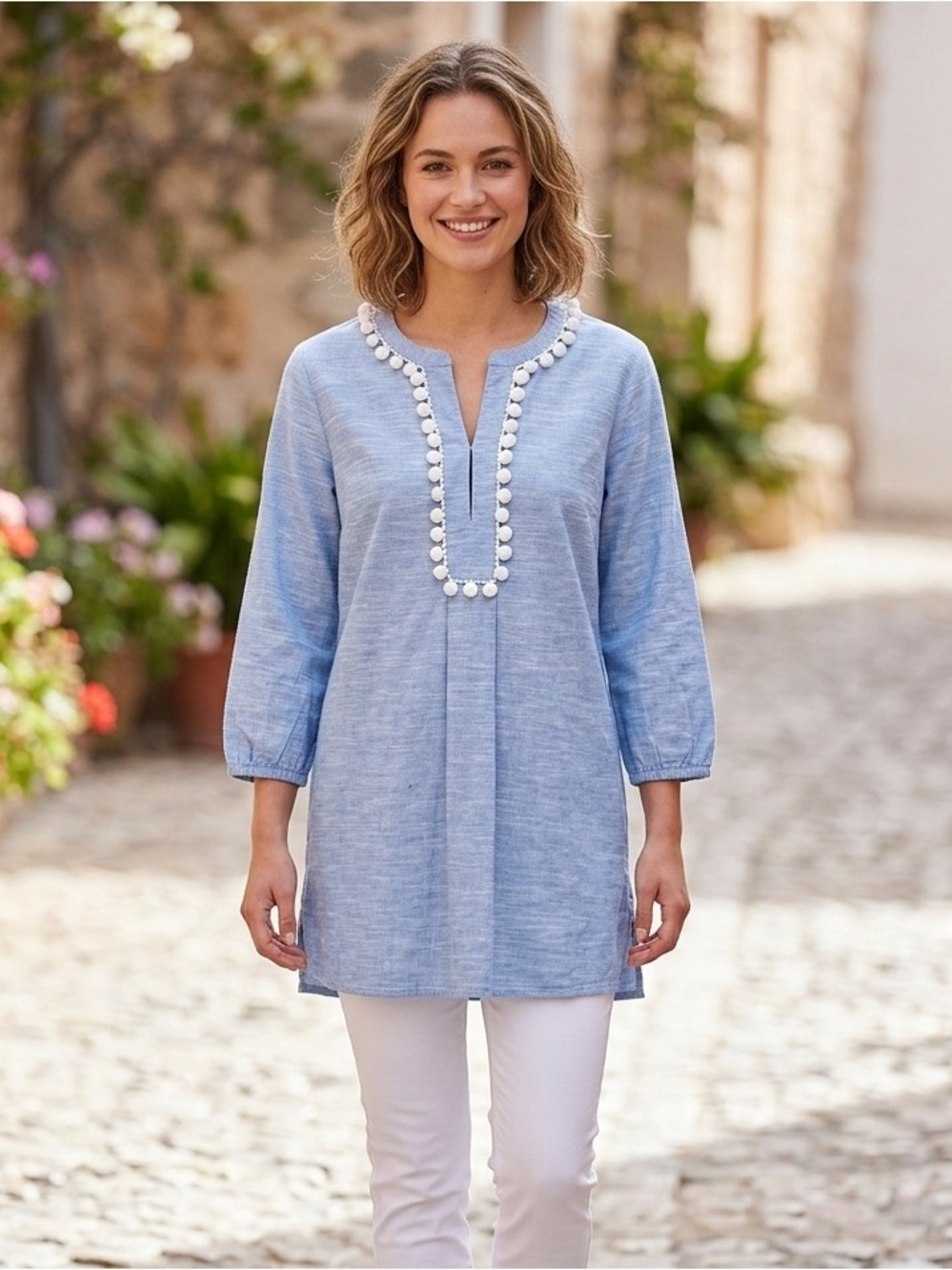 J.Crew Blue Cotton Linen Blend Top Tassel Detail Relaxed Blouse Pompoms Size S